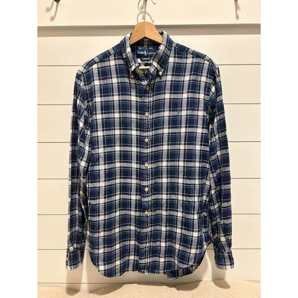 Ralph Lauren Mens Classic Fit Plaid Button Down Shirt Navy Blue Cream Size M